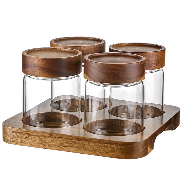 Acacia Wood Spice Can Set Glass Sealed Can
