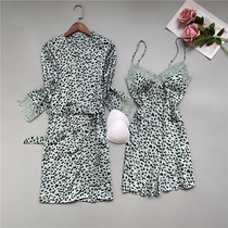 Ice silk sleepwear female summer sleeping dress with chest cushion Two sets of silk BAO WEN lace spring and autumn thin strips can be worn outside