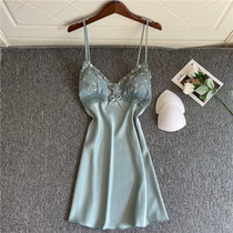 Ice Silk Sexy Sleepwear Woman Summer Sleeping Dress With Chest Cushion Beauty Back Harness Lace Thin Korean version Adult spring and autumn short dress