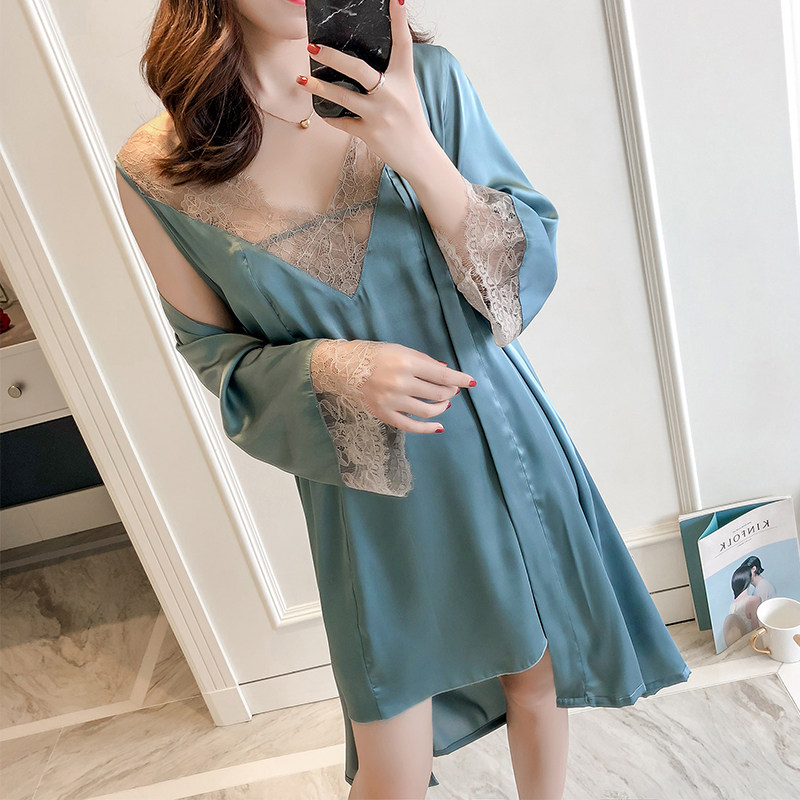 Pajamas lady summer ice silk thin sexy hanging dress two suits adult lace lace lace lace long sleeves to wear