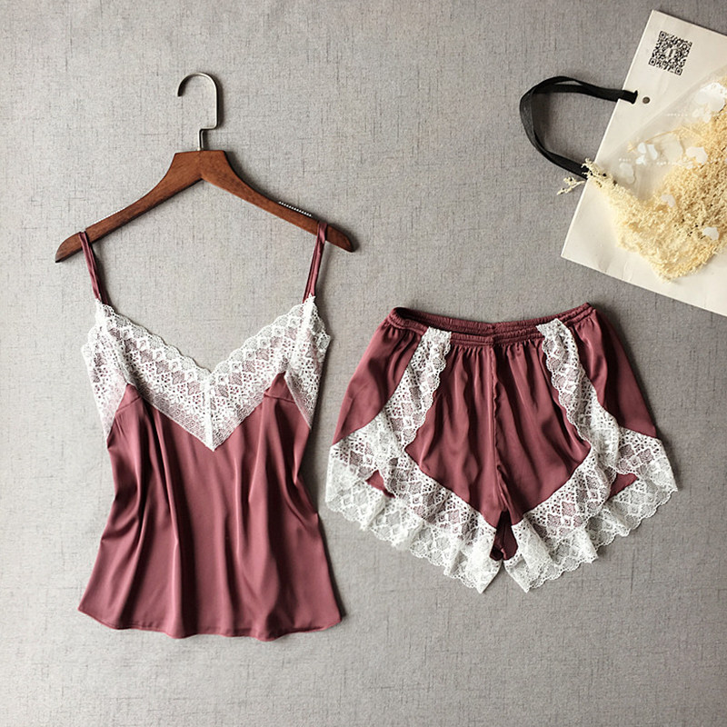 Sexy pajamas summer ice silk V tie shorts two pieces of lace side lace side girl Han edition can be worn outside