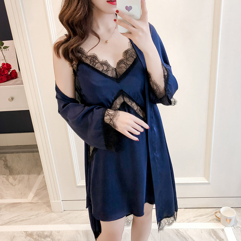 Sexy pajamas women Xia Bing silk thin suspender nightdress two-piece set with chest pad gathered lace long sleeves can be worn outside