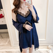 Sexy pajamas female summer ice silk thin sling nightdress two-piece set with chest pad gathering lace long sleeve can be worn outside