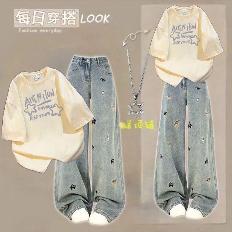 12-Year-Old Girl's Preppy Style Super Nice Casual Jeans and Short-Sleeved Top Summer Two-Piece Set for Junior High School Students