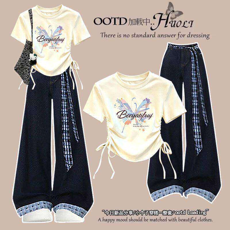 12-Year-Old Girl's Preppy Style Super Stylish and Well-Designed Jeans, 13-Year-Old Student Drawstring Short-Sleeve Summer Two-Piece Set Trendy 12-Year-Old Girl's Preppy Style Super Stylish and Well-Designed Jeans, 13-Year-Old Student Drawstring Short-Sleeve Summer Two-Piece Set Trendy