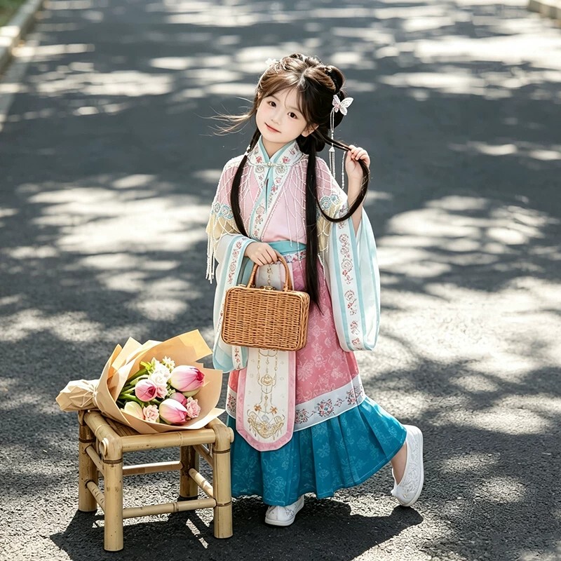 Girls' Hanfu Spring and Autumn 2026 New Style National Style Song Dynasty Cross-Collar Large Sleeve Shirt Children's Ancient Style Tang Suit Girl's Dress Girls' Hanfu Spring and Autumn 2026 New Style National Style Song Dynasty Cross-Collar Large Sleeve Shirt Children's Ancient Style Tang Suit Girl's Dress