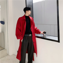 Autumn red windbreaker male personality court style lantern sleeve solid color harbor style long coat over the knee