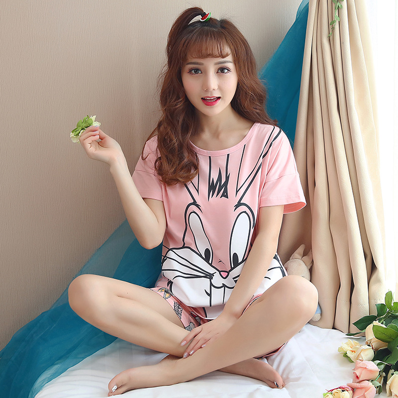 Spring Loaded Korean Version Fall Short Sleeve Pyjamas Lady cotton Cotton Cartoon Cute Short Sleeve Shorts can be worn outside the home Suits Suit