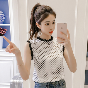 Voan áo sơ mi nữ không tay 2018 mới của Hàn Quốc phiên bản của trang phục mùa hè sóng điểm ren ren Slim vòng cổ áo sơ mi triều