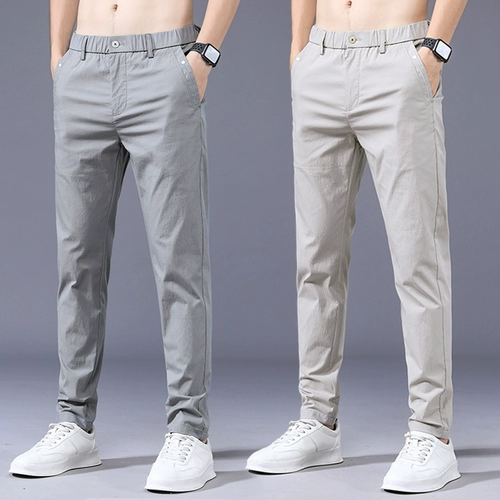 Мужские шелковые летние тонкие приталенные однотонные штаны, свободный прямой крой