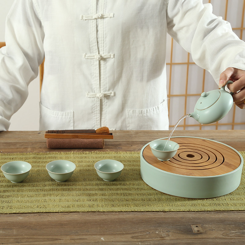 [USD 138.29] Qin Yi's complete set of ru kiln tea set bamboo dry dried ...