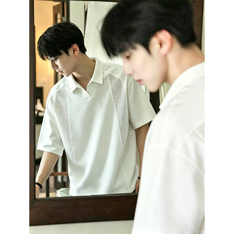 Pure White Deconstructed Patchwork Mesh Polo Shirt Short-Sleeved Men's Summer Thin Breathable Design Right-Shoulder Lapel T-Shirt