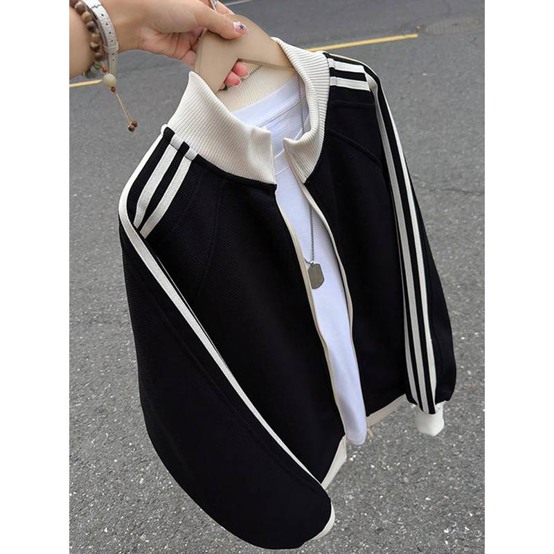 American-Style Color-Block Waffle Knit Stand-Collar Sweatshirt for Men, Autumn Trendy Brand Three-Stripe Zip-Up Jacket, Cleanfit Baseball Jacket American-Style Color-Block Waffle Knit Stand-Collar Sweatshirt for Men, Autumn Trendy Brand Three-Stripe Zip-Up Jacket, Cleanfit Baseball Jacket