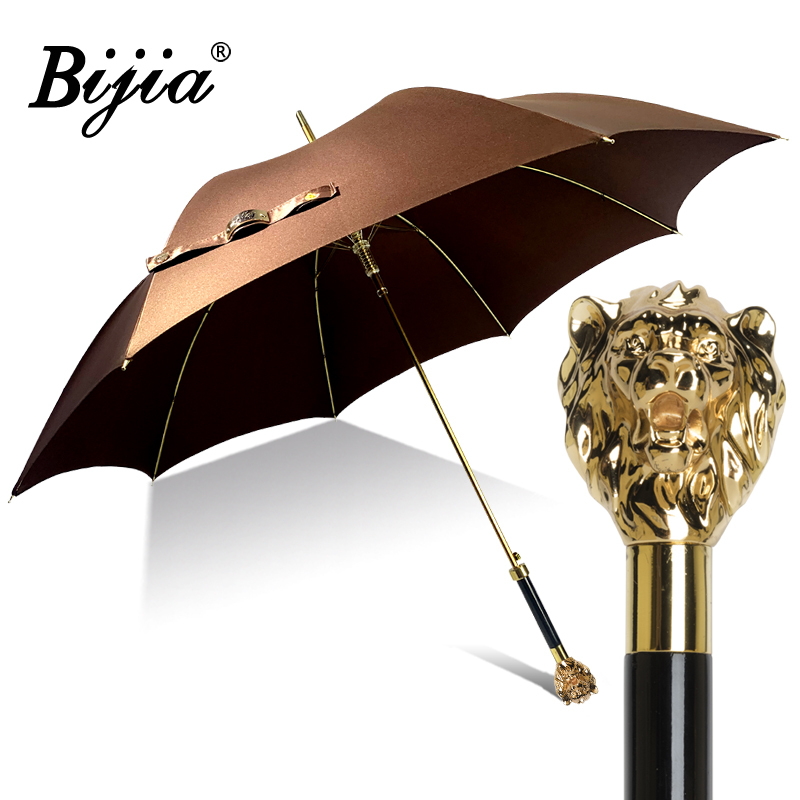 Bijia Golden Lion Head Straight Umbrella British Style Retro Umbrella Coffee Color Sun and Rain Umbrella Luxury Trendy Parasol