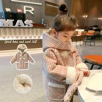 Girls woolen coats for autumn and winter new velvet mid-length casual fashionable Korean-style woolen coats with horn buttons