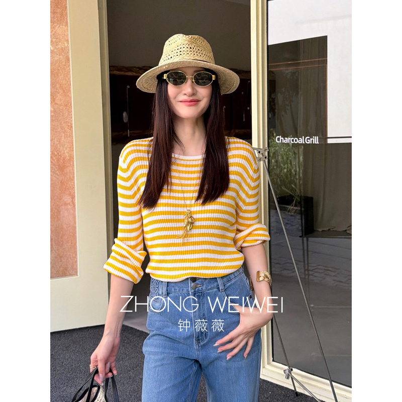 Zhong Weiwei's 26Th Autumn California Yellow Striped Top for Women, Lyocell Breathable Loose Round Neck Long Sleeve T-Shirt, Thin Style