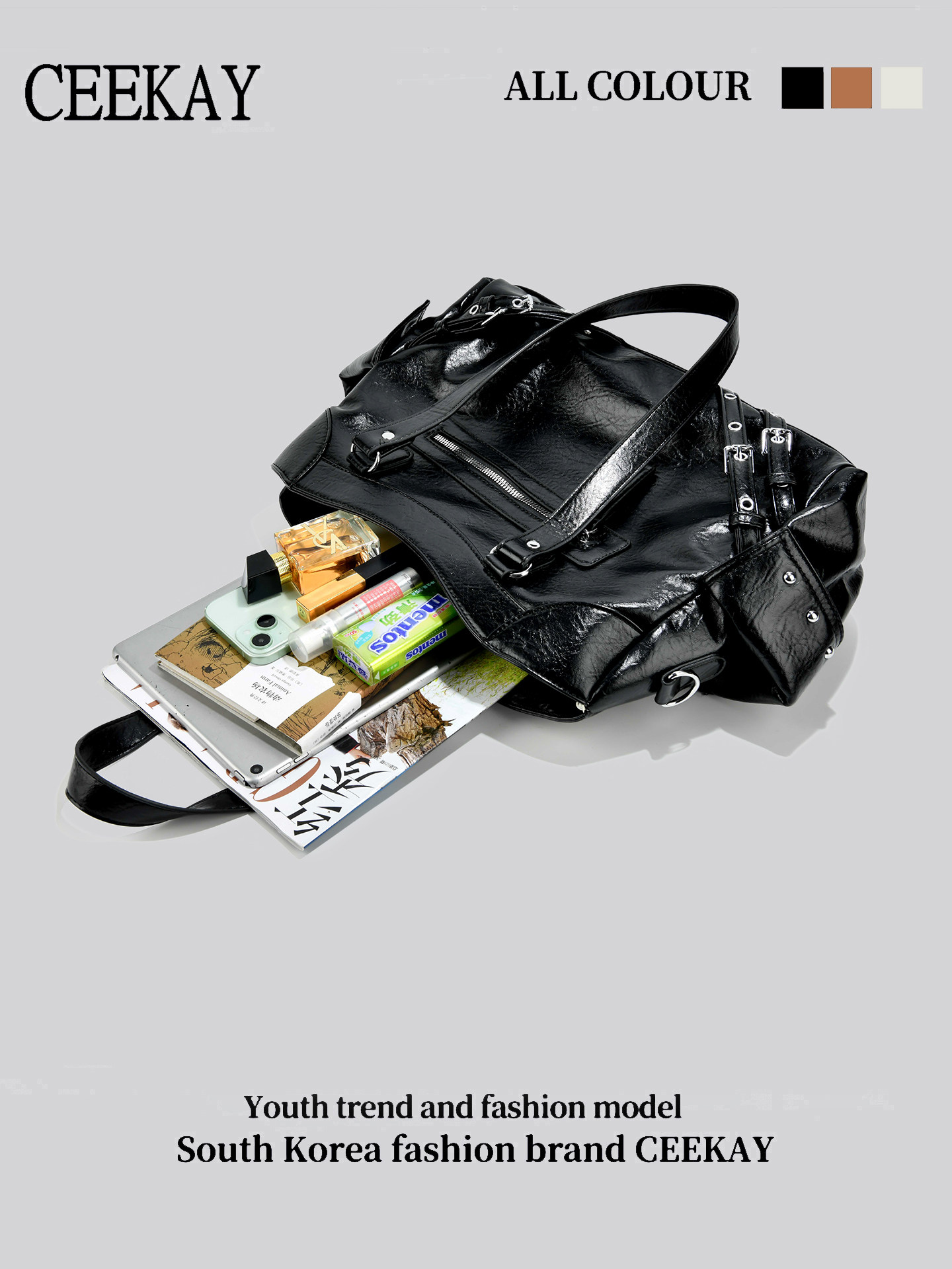 Ceekay Original Black Motorcycle-Style Tote Bag for Women, Retro Personalized Rivet Decoration, Versatile Trendy and Cool Shoulder Bag