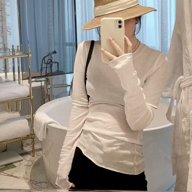 Runxi! Paper-Thin Style! Korean Cotton and Linen Long-Sleeve Round-Neck Slim-Fit T-Shirt with Layered Back Design 1805
