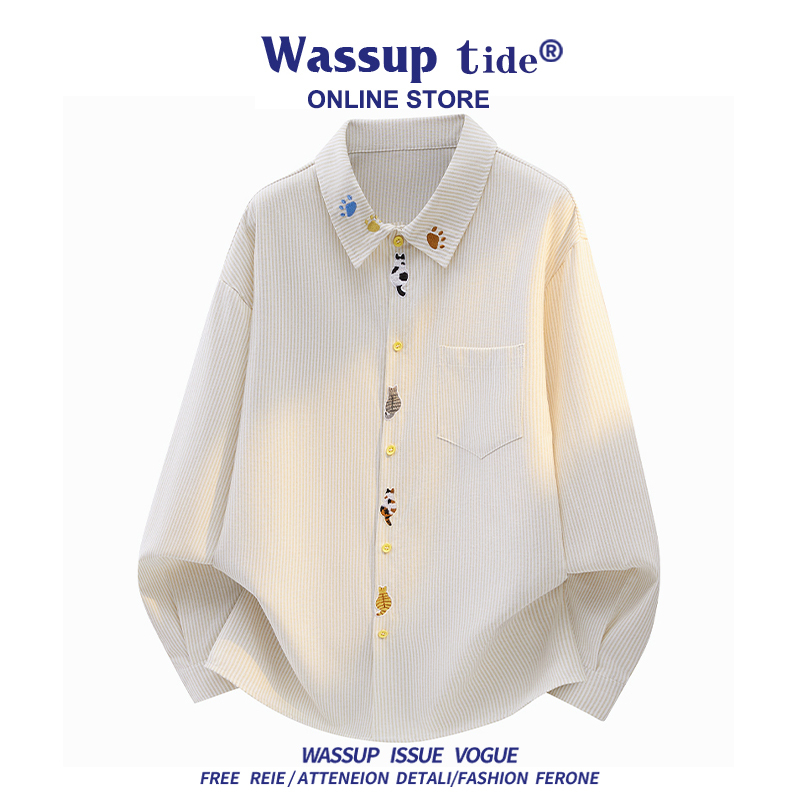 Wassup Tide New Autumn Style Lapel Shirt Embroidered Cat Loose Jacket Cotton Unisex Loose Striped Shirt
