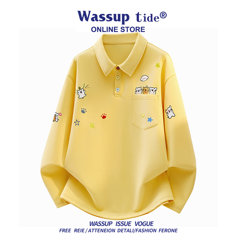 Wassup Tide Spring and Autumn Popular Embroidered Puppy Sweater Unisex Couple Versatile Loose Lapel Sweatshirt