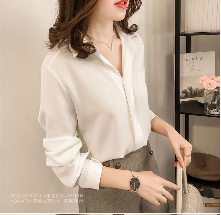 Mùa xuân 2018 mới của phụ nữ áo sơ mi trắng nữ dài tay áo voan rộng của sinh viên Hàn Quốc mẫu áo sơ mi lụa nữ đẹp