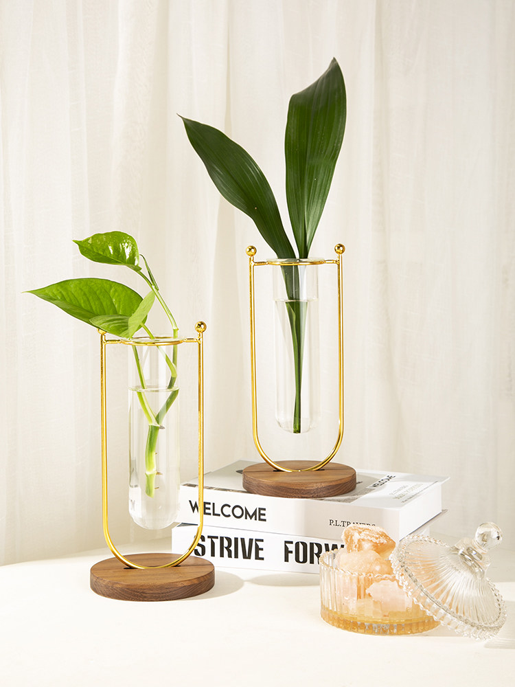 Carpenter wood home vase decoration living room flower arrangement transparent glass bottle black gold niche design sense flower shelf