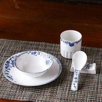 Hotel supplies Kitchen tableware custom printed logo Restaurant table set Chinese four-piece set blue and white porcelain ceramics