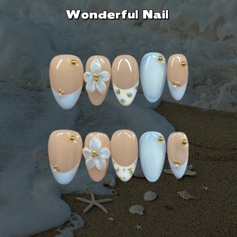 Wonderfulnail Blueberry Flower Handmade ins Style Short Almond Blue Series 3D Flower Spring/Summer Wearable Nails