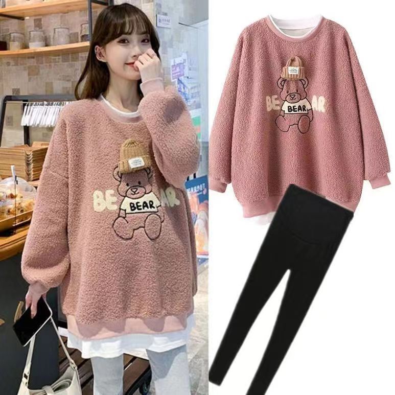 Maternity Autumn and Winter Outfit Set, Sweatshirt, Trendy Lamb Wool Fleece-Lined Thickened Base Layer, Faux Two-Piece Maternity Top, Fashionable Maternity Autumn and Winter Outfit Set, Sweatshirt, Trendy Lamb Wool Fleece-Lined Thickened Base Layer, Faux Two-Piece Maternity Top, Fashionable