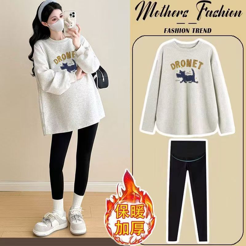 Maternity Wear Winter Fleece-Lined 2025 New Style Warm Loose Top Fashionable Stylish Casual Beautiful Set That Covers the Belly