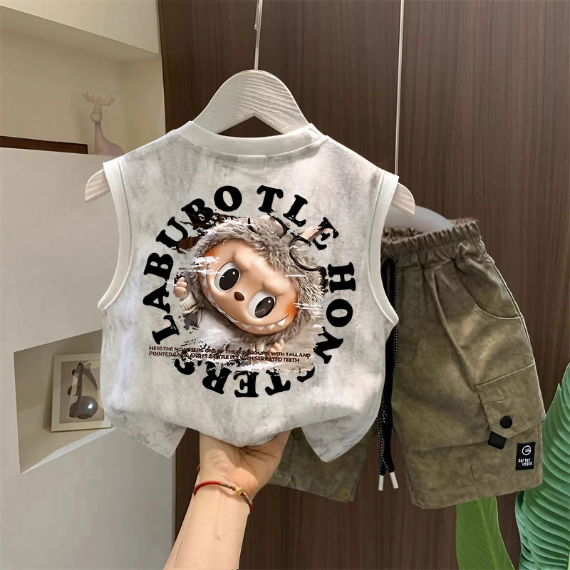 Children's Summer Trendy Vest Set, Boys' Cartoon Fabric Cool and Versatile Tie-Dye Two-Piece Set