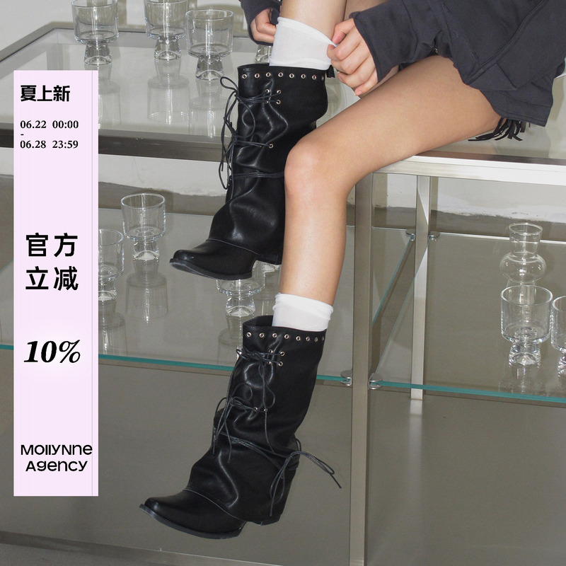 Mollynne Original Design Short Boots, Black Pointed Toe, Mid-Calf Slim Fit, Stacked Boots for Women, Thick-Soled High-Heeled Bootcut Boots