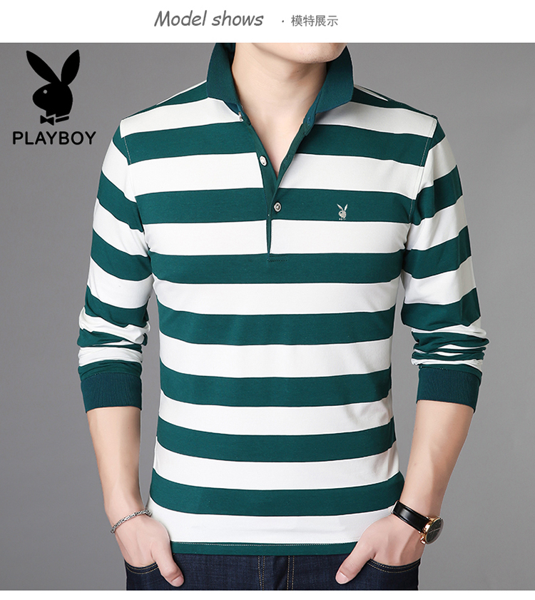 Playboy nam mới tay dài áo thun sọc áo polo lỏng quần áo phiên bản trẻ của Hàn Quốc áo thun trơn nam