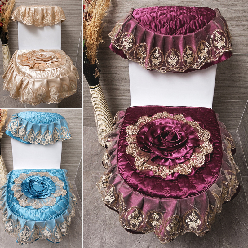 Toilet Three sets of European Lace Cloth Art Sitting Toilet U Type Toilet Universal Set Thickened Cushion Sleeve Pull Chain Mount