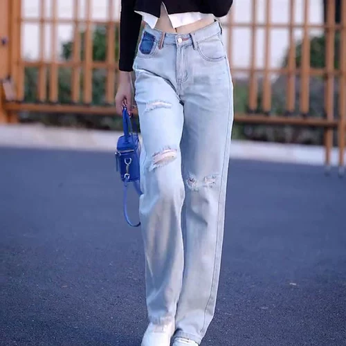 Синие прямые свободные джинсы, весенние штаны, в корейском стиле, высокая талия, свободный крой