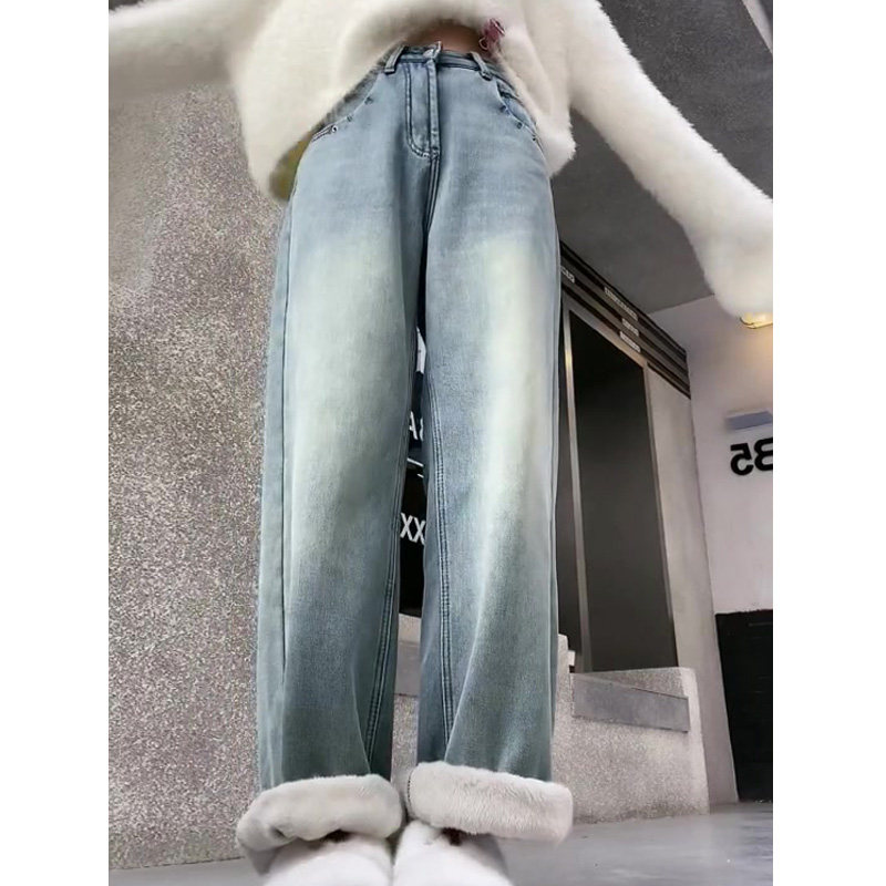 Early B loose with slim and light color broadlegged pants female winter plus suede thickened high waist pituitary retro denim jeans tide-Taobao