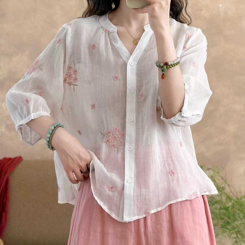 G7013 Gold Thread and Silver Thread Heavy Embroidery V-Neck Simple Style Pure Ramie Top Summer Skin-Friendly Breathable Versatile Shirt G7013 Gold Thread and Silver Thread Heavy Embroidery V-Neck Simple Style Pure Ramie Top Summer Skin-Friendly Breathable Versatile Shirt
