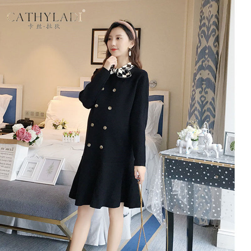 CATHYLADI Maternity AUTUMN and Winter butterfly bow tie KNITTED double-breasted embellishment SWEET age-reducing ruffle DRESS