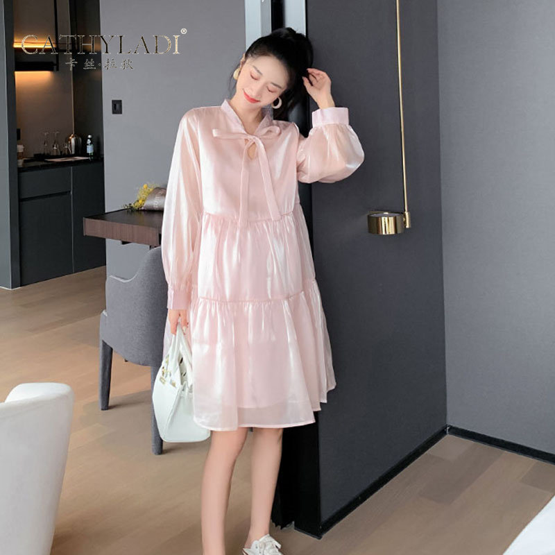 CATHYLADI maternity dress 2022 spring and autumn fashion long sweet bow Net red age dress