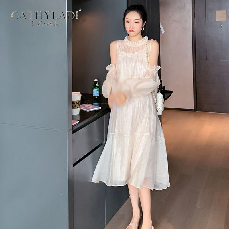 CATHYLADI maternity dress 2021 summer dress French retro chiffon skirt suspenders dress two-piece women