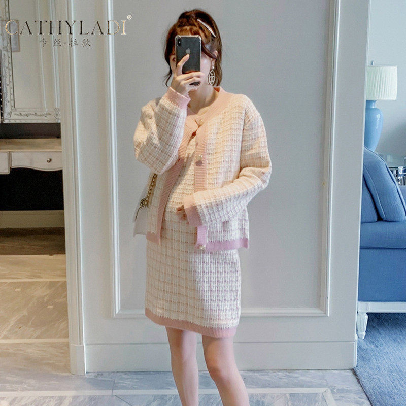 CATHYLADI maternity small fragrance two-piece set spring and autumn suit loose stretch cardigan knit sweater dress