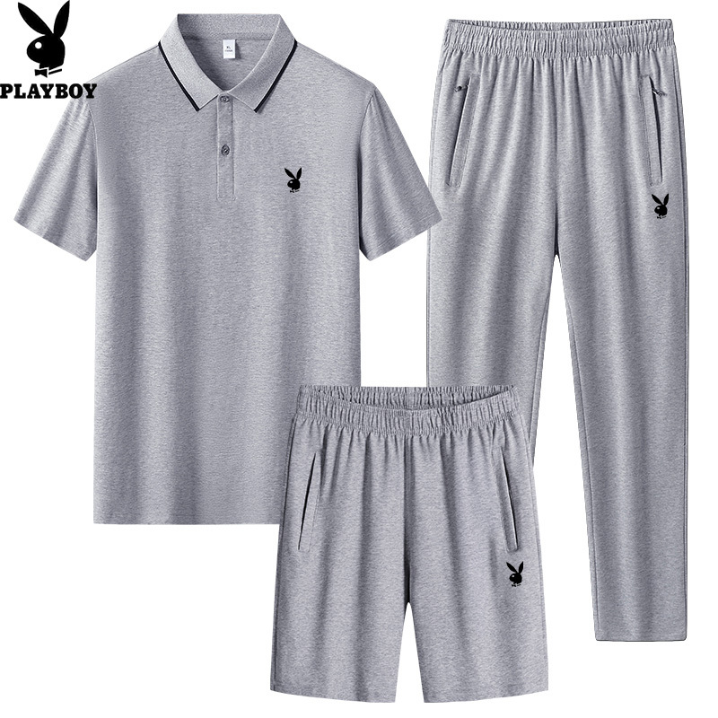 Playboy Middle-Aged and Elderly Men's Sports Suit Summer Pure Cotton Short-Sleeved T-Shirt Polo Shirt Father's Outfit Dad's Summer Outfit Playboy Middle-Aged and Elderly Men's Sports Suit Summer Pure Cotton Short-Sleeved T-Shirt Polo Shirt Father's Outfit Dad's Summer Outfit