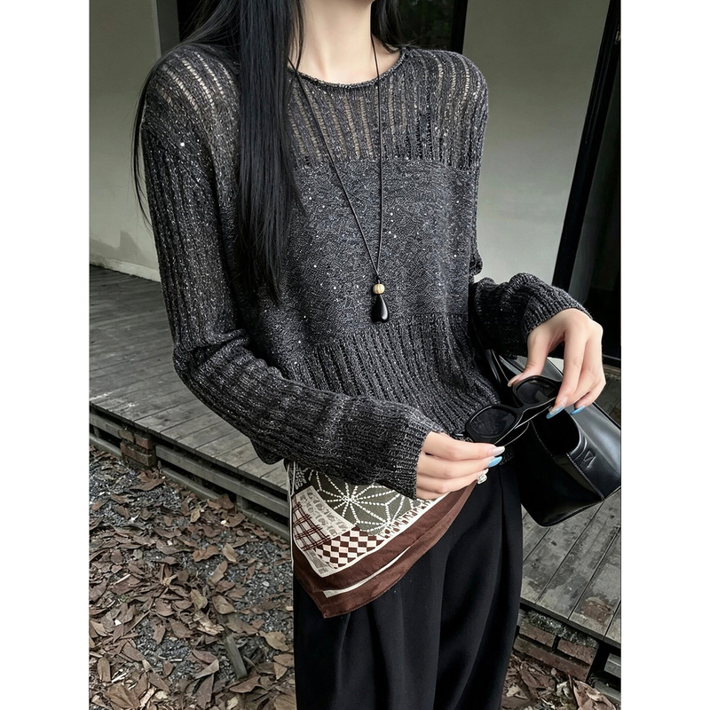 Lazy Hollow-Out Sequin Long-Sleeve Knit Top for Women 2026 New Korean Style Round Neck Slimming Fashionable Autumn Base Shirt