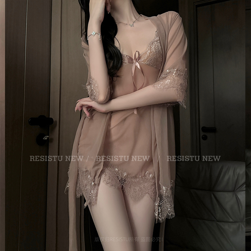 Resistu Spring and Autumn Invisible Sexy Nightgown for Women Lace Strap 2026 Summer Home Dressing Gown