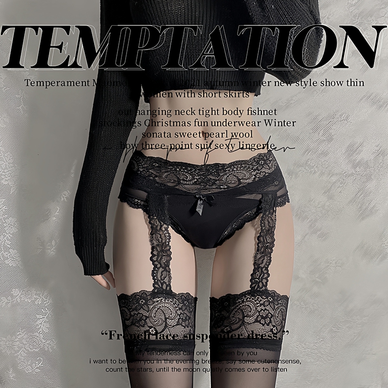 Resistu Full-Length Leg-Enhancing Sexy Pantyhose Women's Lace Garter Stockings Lingerie Polka Dot Black Silk Panties Stockings