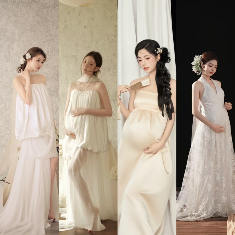 Maternity Wear 2026 New Style High-End Fresh French Retro Style White Wedding Dress Studio Photo Shoot Outfit Maternity Wear 2026 New Style High-End Fresh French Retro Style White Wedding Dress Studio Photo Shoot Outfit