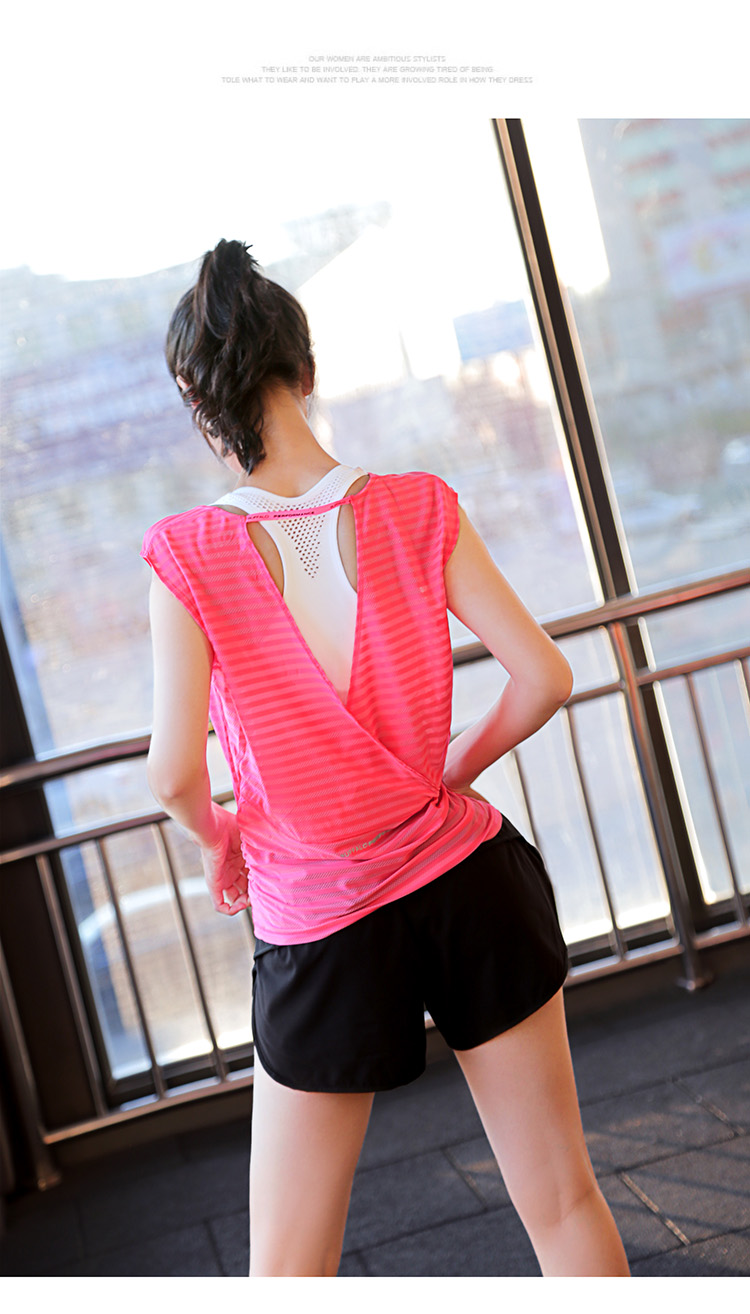 Thể thao ngắn tay phụ nữ nhanh chóng làm khô lỏng thoáng khí vẻ đẹp trở lại t-shirt chéo cắt áo thể dục yoga áo không tay mùa hè áo thun tập gym nữ