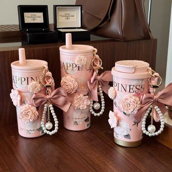 Insulated Cup for Girls, High-Looking, Exquisite and High-End, Ceramic Inner Liner, Stainless Steel Water Cup, Gift for Girlfriend, Adult Straw Cup