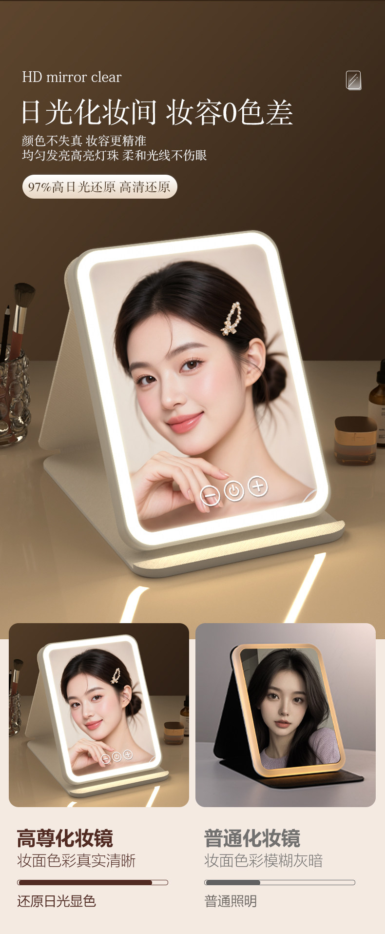 【中國直郵】 同源甄選 化妝鏡帶燈 led便攜式折疊 粉紅色1件 三鍵操控柔光護眼