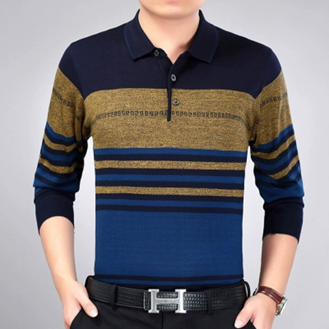 Áo thun nam mùa xuân nam tay dài mùa xuân và mẫu mùa thu 40-50 tuổi 丅 áo sơ mi trung niên cổ áo sơ mi